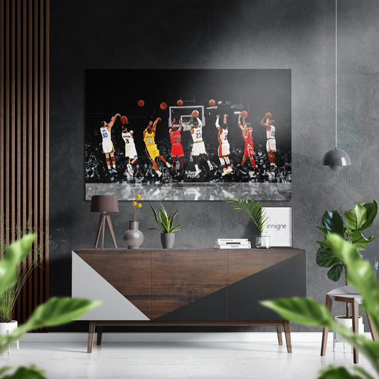 Modern living room with basketball players aluminum wall art mounted above wooden console, flanked by potted plants and decorative items.