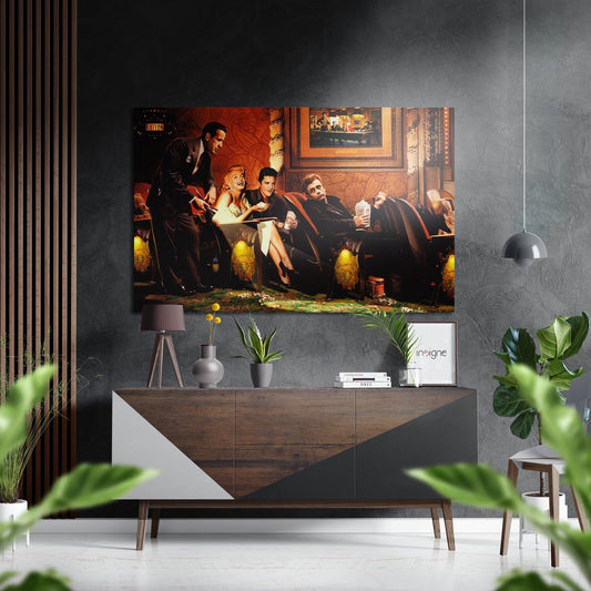 Vintage lounge booth gathering artwork displayed above a wooden dresser in a modern living room setting with plants and pendant lighting.