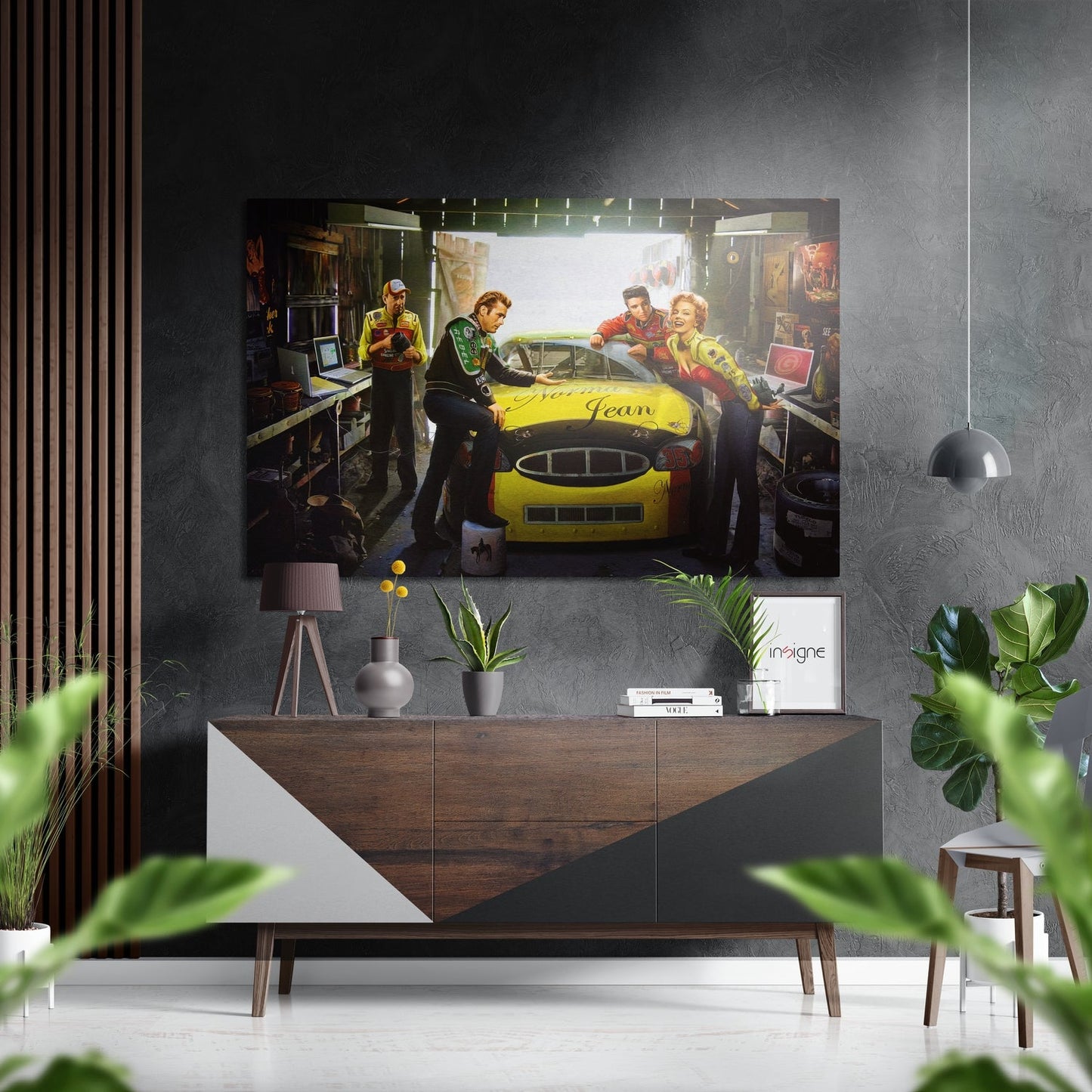 Retro Garage Yellow Racecar Brushed Aluminium Dibond Wall Art