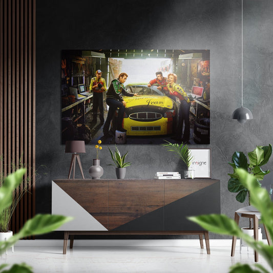 Yellow racecar artwork displayed above wooden sideboard in modern living room with plants and pendant light.