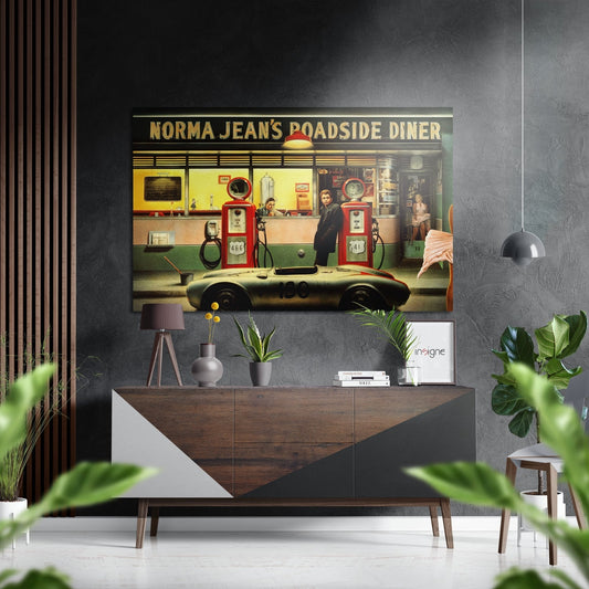 Retro diner wall art featuring vintage gas pumps and classic car displayed above mid-century modern wooden console in contemporary gray interior.
