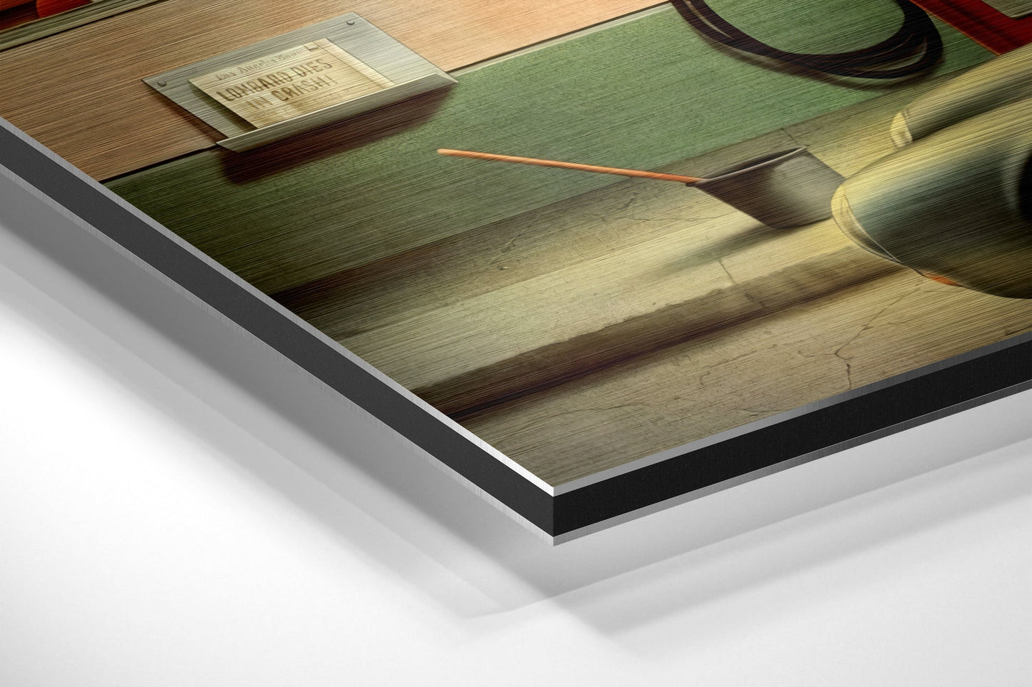 Close-up angled view of layered Dibond wall art showing black and white backing layers beneath brushed aluminum surface with wooden interior scene.