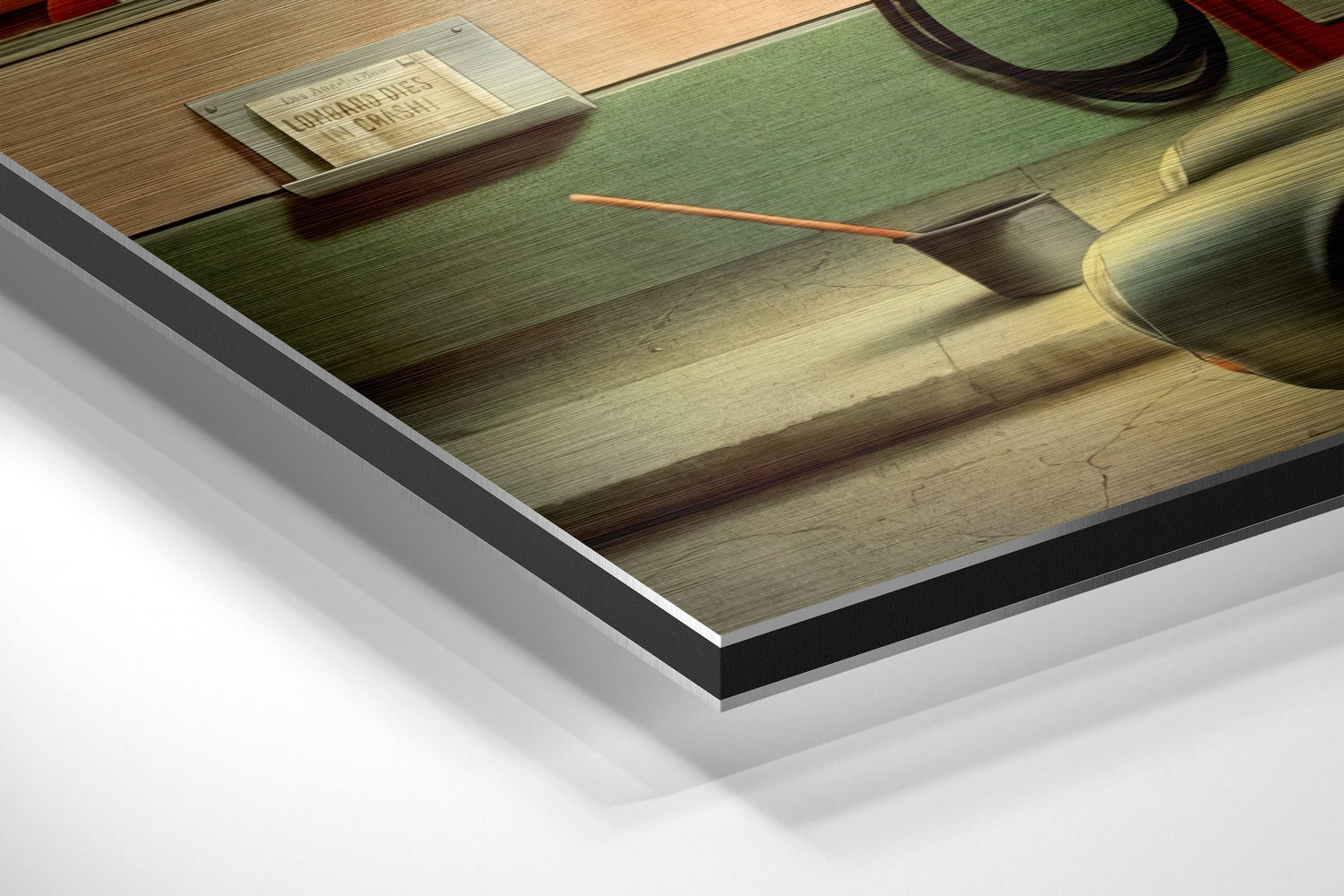 Close-up angled view of layered Dibond wall art showing black and white backing layers beneath brushed aluminum surface with wooden interior scene.