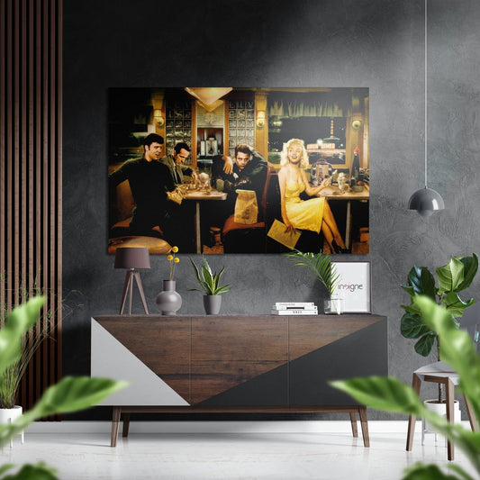 Retro diner scene with five figures in 1950s style setting, woman in yellow dress prominent on right, displayed above wooden credenza in modern living room.