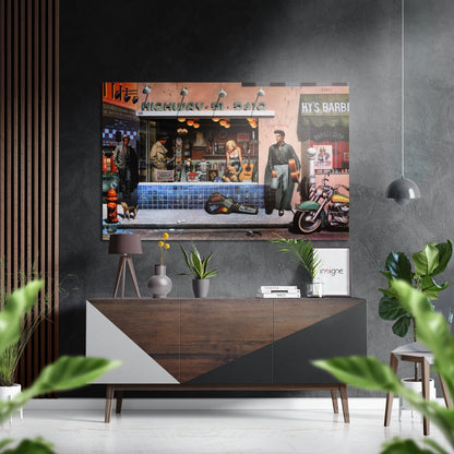Retro street scene wall art mounted above wooden dresser in modern living room with plants and pendant light visible.