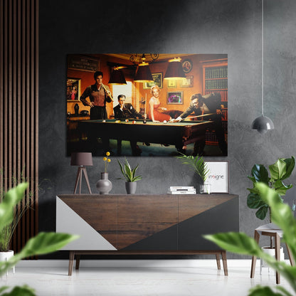 Red Dress Woman on Pool Table Brushed Aluminium Dibond Wall Art