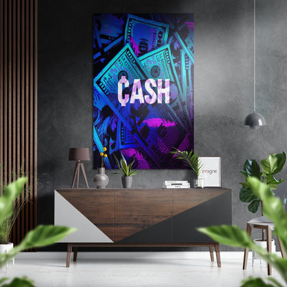 Modern interior scene with neon-lit "CASH" wall art featuring blue and magenta dollar bills displayed above a wooden console table.