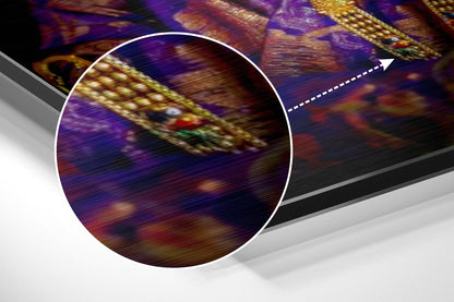 Close-up magnified view of Krishna brushed aluminium Dibond wall art showing vibrant purple, gold, and red ornamental details with motion blur effect.