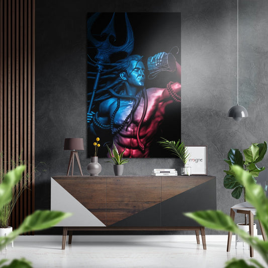 Modern interior display featuring Har Har Mahadev wall art in blue and pink tones mounted above wooden console table with plants and decor.