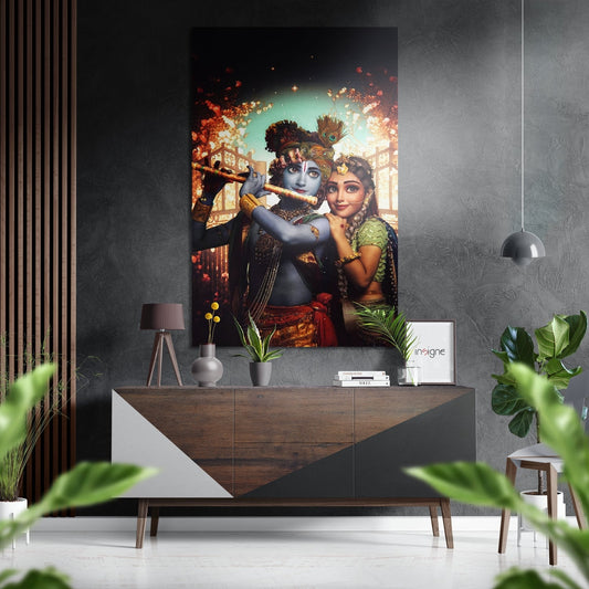 Radha Krishna Dibond wall art displayed above wooden console table in modern interior with plants and pendant lighting.