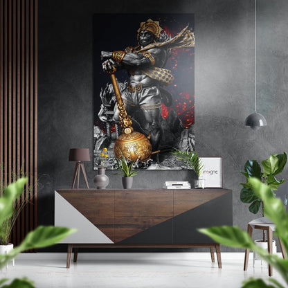 Hanuman Brushed Aluminium Dibond wall art displayed above wooden console table in modern interior with gray walls and potted plants.