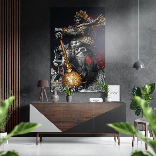 Hanuman Brushed Aluminium Dibond wall art displayed above wooden console table in modern interior with gray walls and potted plants.