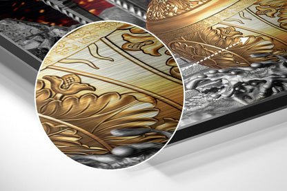 Close-up detail of gold-embossed Hanuman figure on brushed aluminum dibond, showing intricate relief carving and metallic finish.