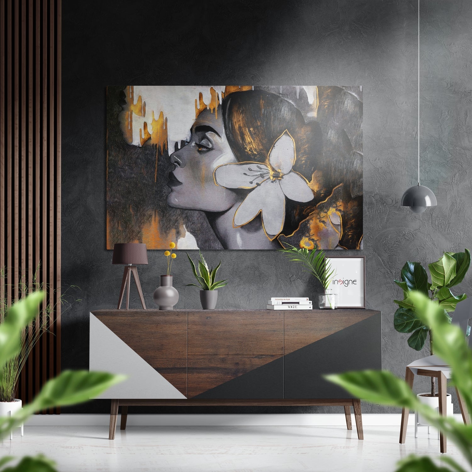 Contemporary interior display featuring brushed aluminium Dibond wall art depicting a woman's profile with white flower and gold accents.
