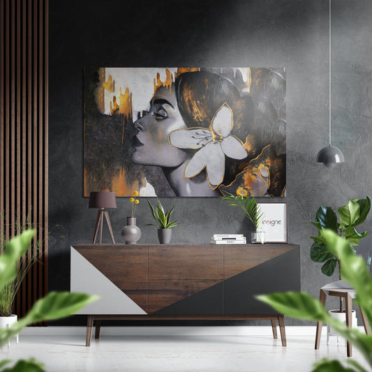 Contemporary interior display featuring brushed aluminium Dibond wall art depicting a woman's profile with white flower and gold accents.