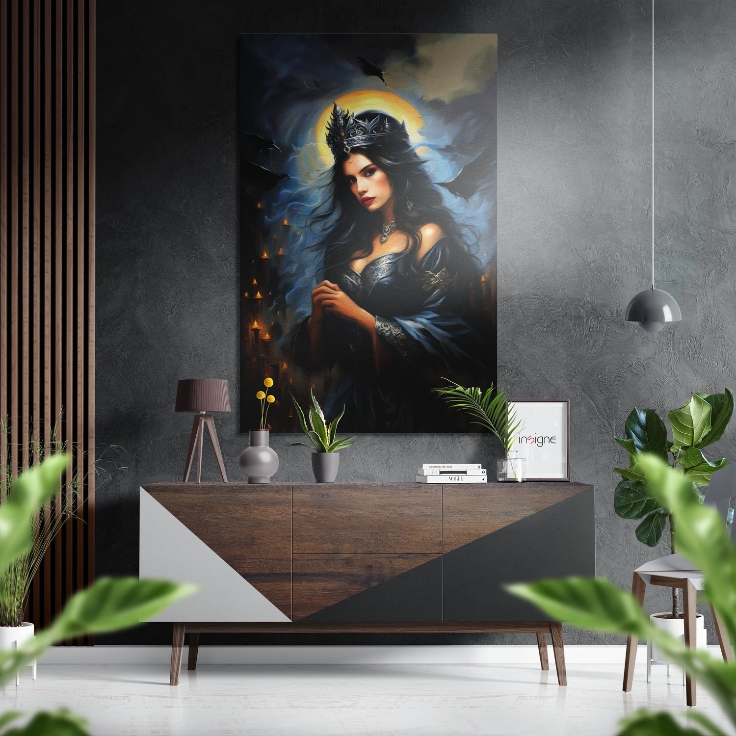 Dark Queen Brushed Aluminium Dibond Wall Art displayed above wooden console table in modern interior with gray textured walls and potted plants.