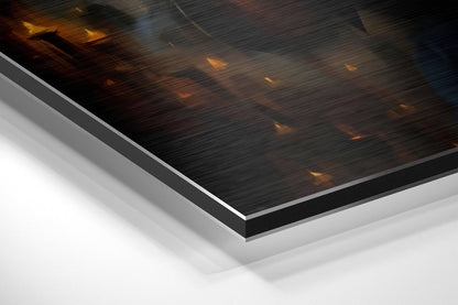 Close-up angled view of Dark Queen Brushed Aluminium Dibond showing layered edge detail with dark brushed metal surface and golden accents.