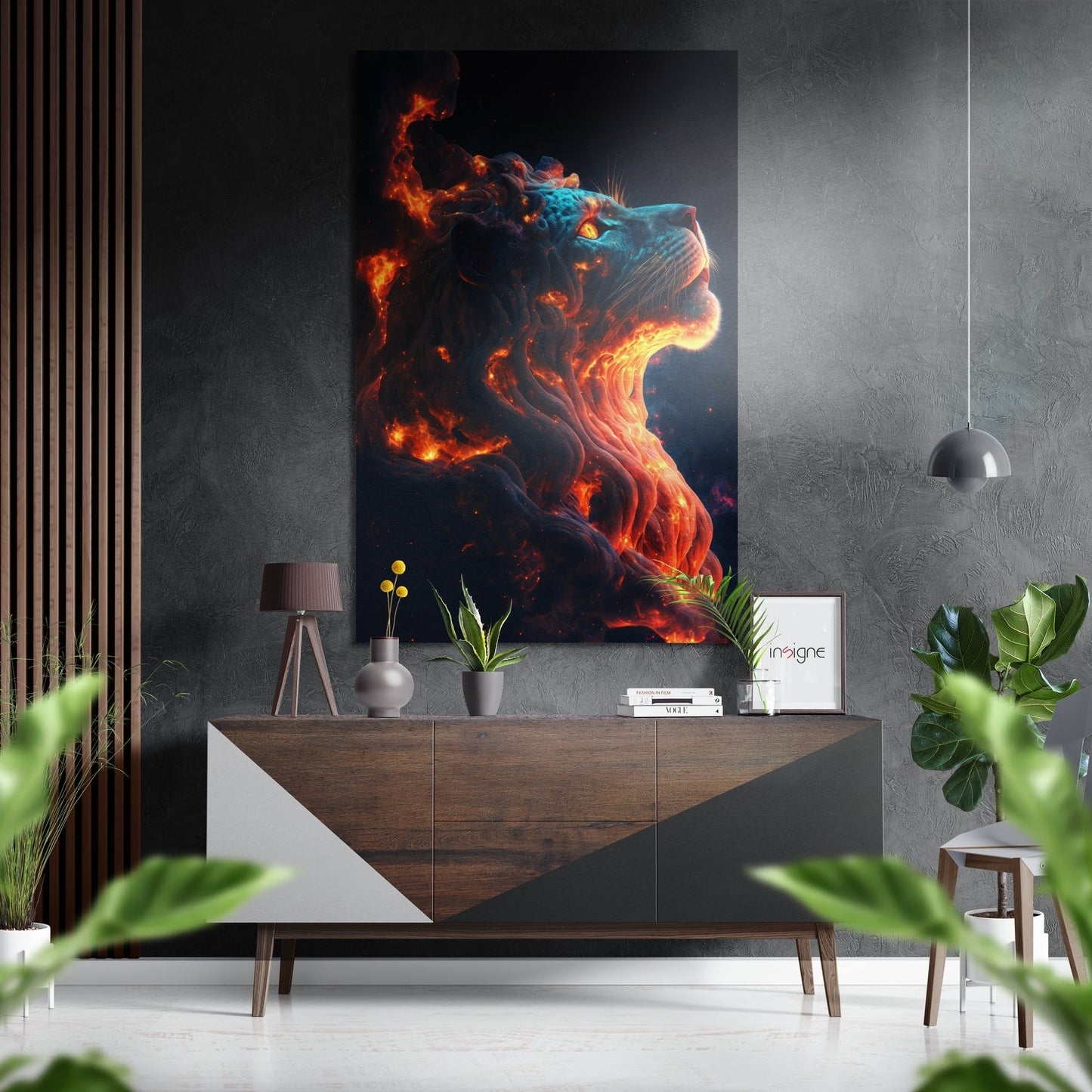 Fire Lion Brushed Aluminium Dibond Wall Art displayed above wooden console table in modern interior with grey textured walls and green plants.