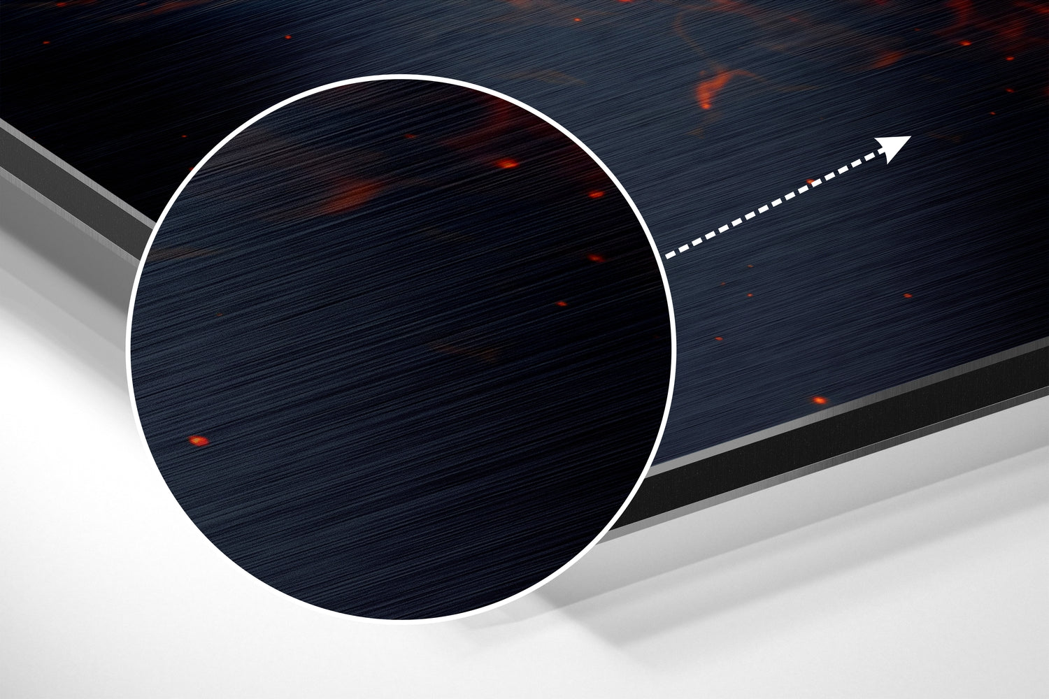 Abstract 3D composition featuring white-outlined circle on dark brushed metal with directional arrow and geometric planes.