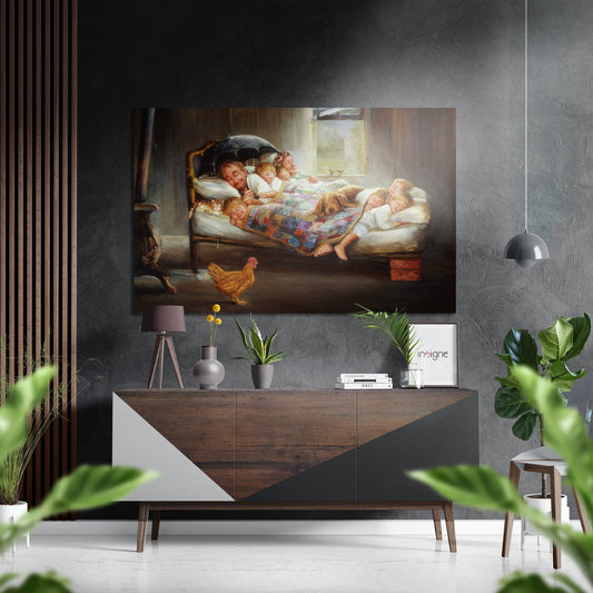 Modern interior with "Portrait of Happiness" painting displayed above wooden dresser with plants and pendant lamp.