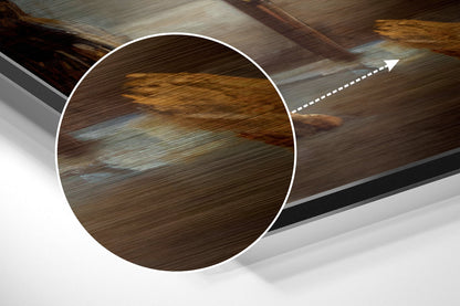 Close-up circular detail showing brushed wood grain texture in brown and tan tones with white border against white background.