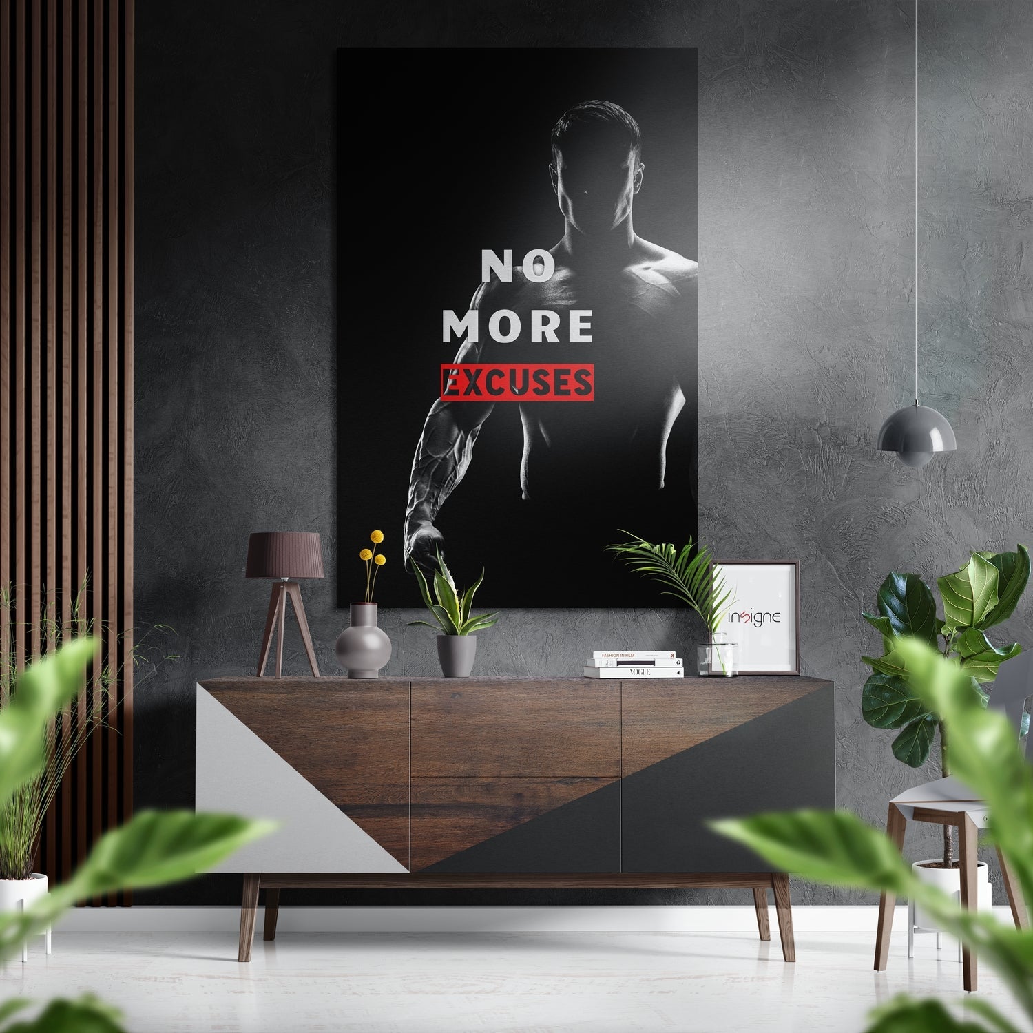 No More Excuses" motivational wall art in black and white with red text, displayed above a wooden console table in a modern interior setting.