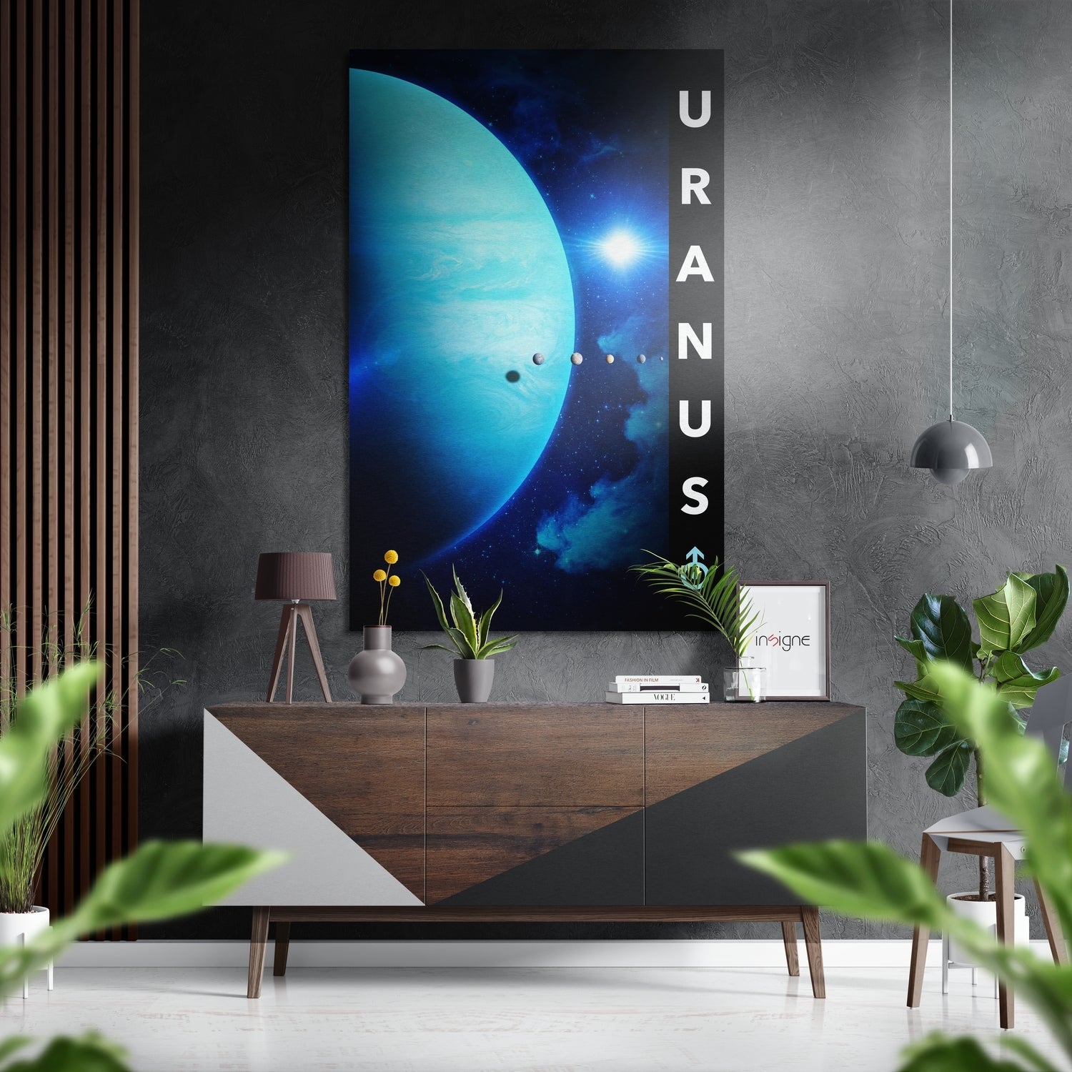 Modern interior scene with vertical "URANUS" text and glowing blue planet artwork displayed above a wood and white sideboard with decorative objects.
