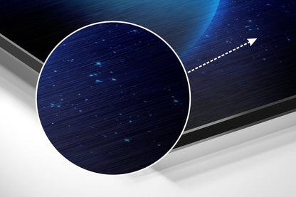 Blue circular brushed aluminium panel with digital light particles, white border, and directional arrow on dark geometric background.