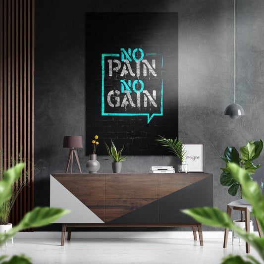 Modern living room interior with turquoise neon-style "No Pain No Gain" wall art hanging above wooden console table.