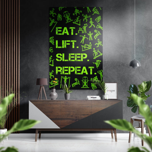 Neon green gym motivation wall art with "Eat. Lift. Sleep. Repeat." text and fitness icons displayed above wooden mid-century console in modern gray interior.