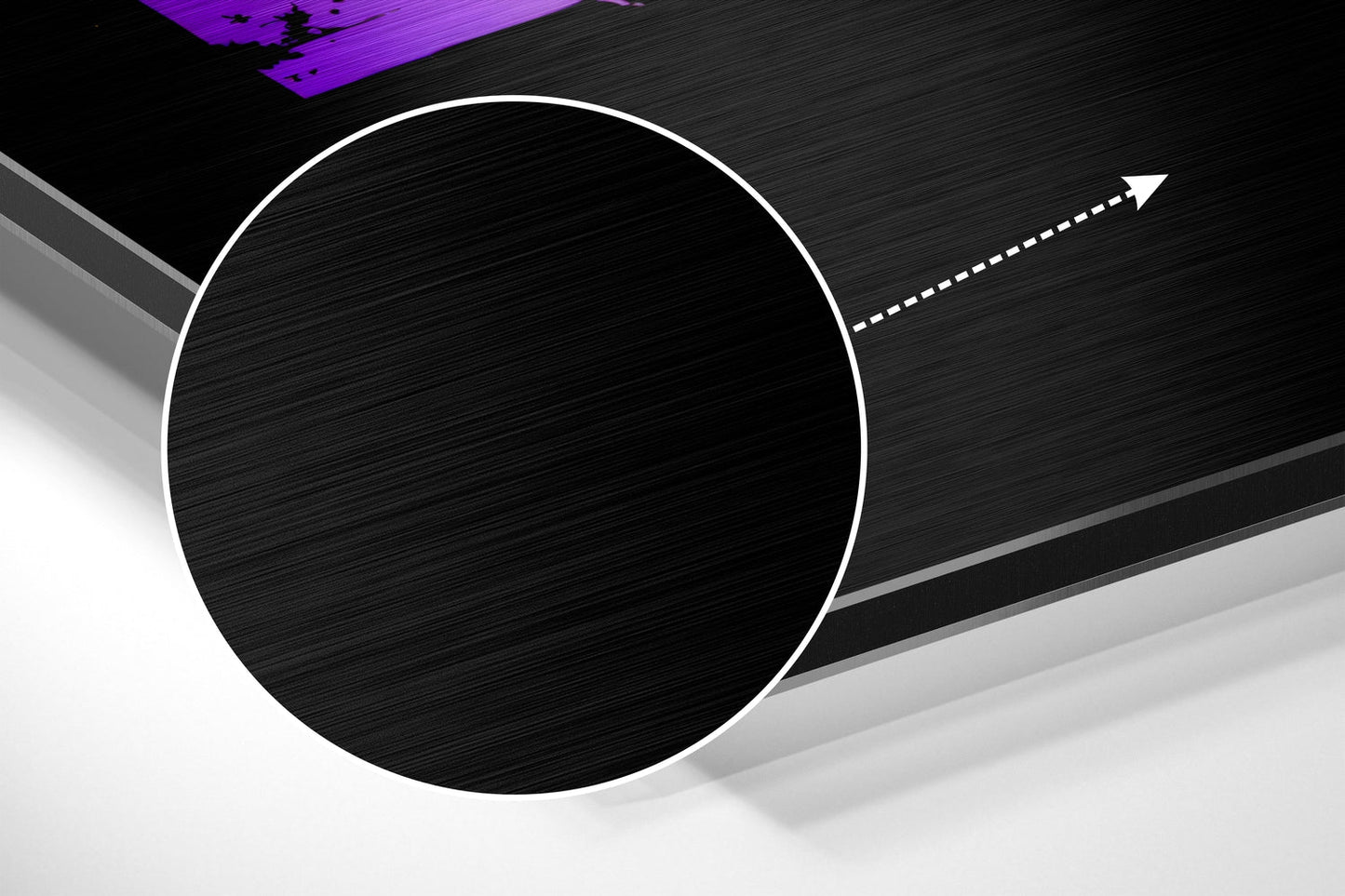 Angled 3D product view of brushed aluminum wall art with white circular design and directional arrow on dark textured background.