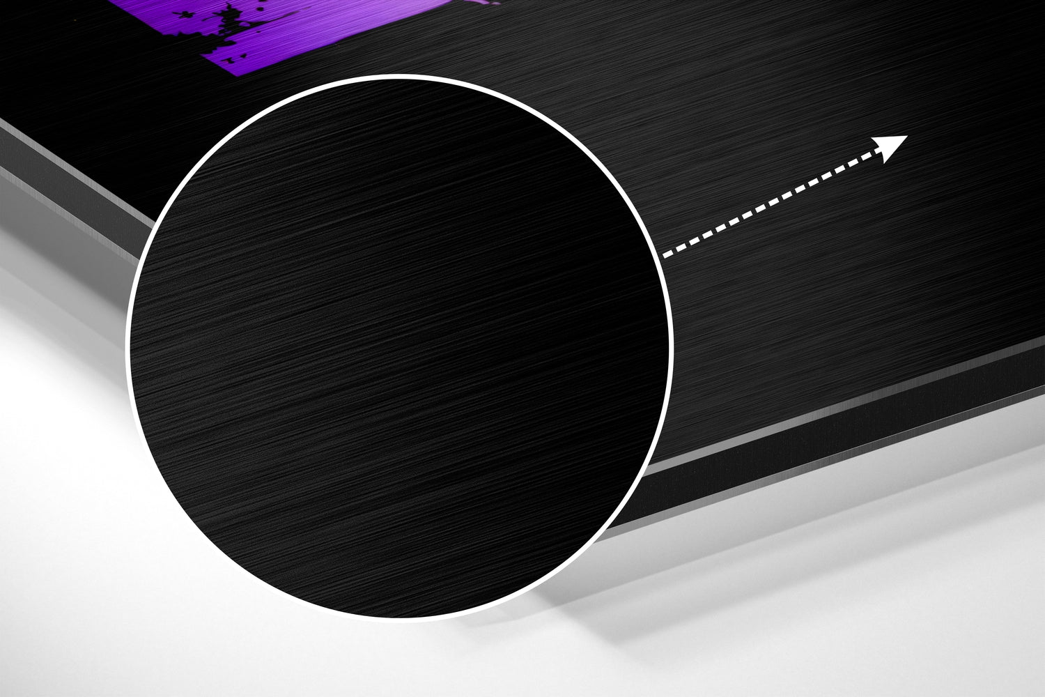 Angled 3D product view of brushed aluminum wall art with white circular design and directional arrow on dark textured background.