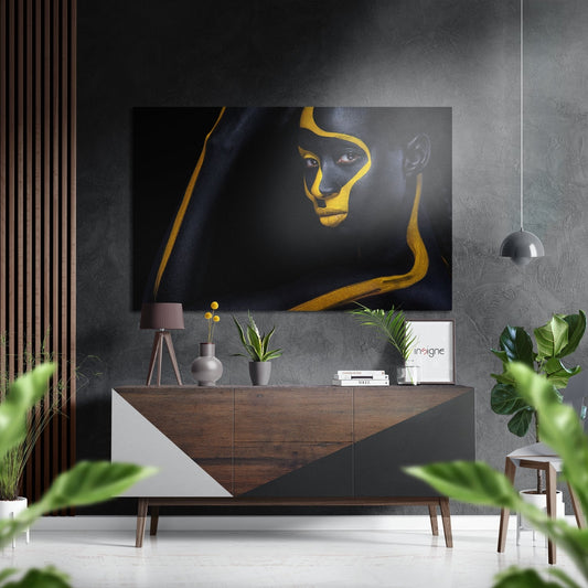 Yellow Stance Brushed Aluminium Dibond Wall Art displayed above a wooden console table in a modern interior setting with plants and décor.
