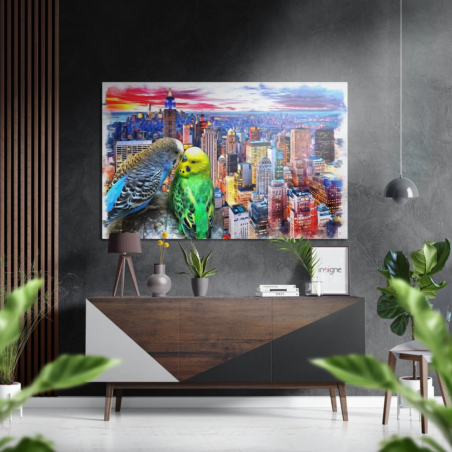 Colorful brushed aluminum wall art of two budgies displayed above a wooden console table in a modern interior setting.