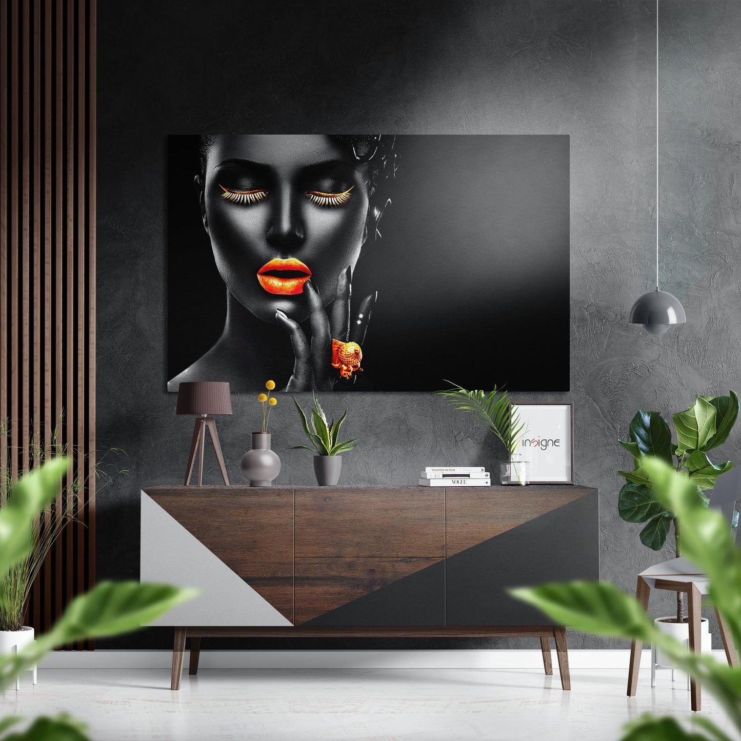 Orange Lips And Gold Lashes Woman Brushed Aluminium Dibond Wall Art