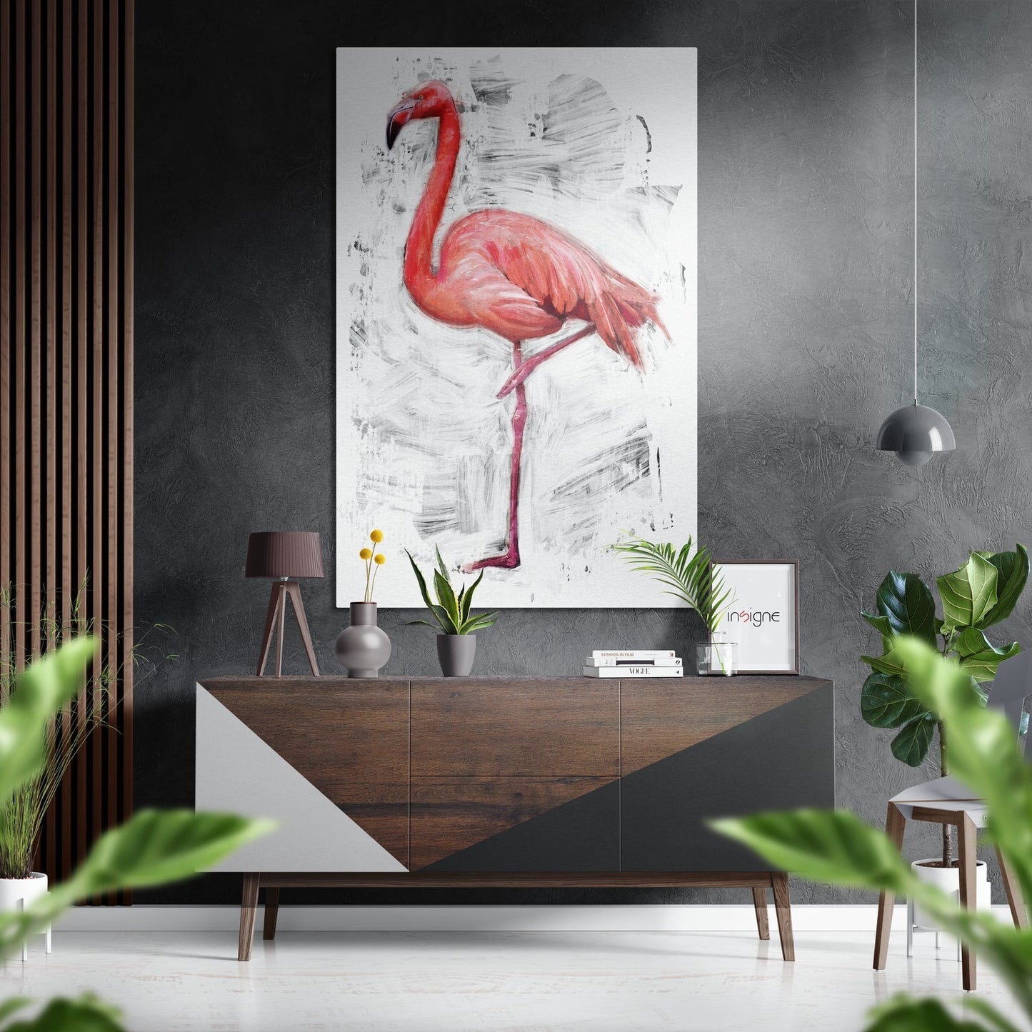 Pink Flamingo On White Brushstrokes Brushed Aluminium Dibond Wall Art