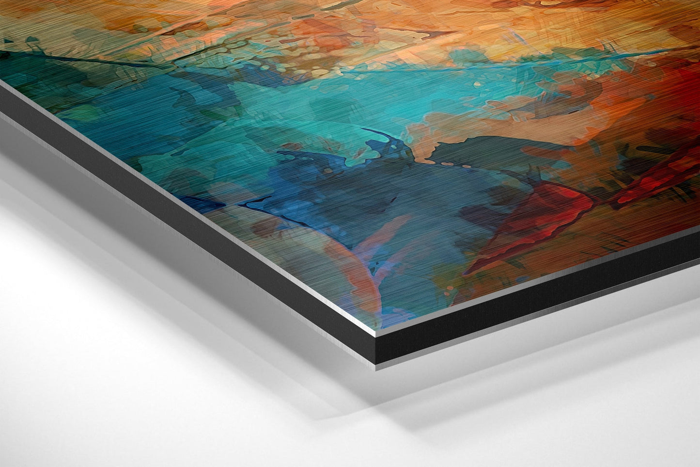 Close-up angled view of layered aluminum dibond print showing turquoise, orange, and red abstract brushstrokes with visible material edge.