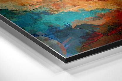 Close-up angled view of layered aluminum dibond print showing turquoise, orange, and red abstract brushstrokes with visible material edge.