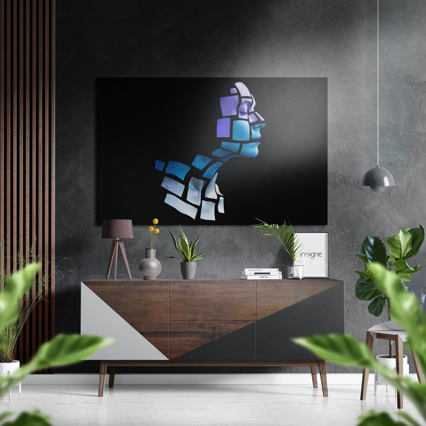 Blue Cubes Mosaic Face Profile Brushed Aluminium Dibond Wall Art