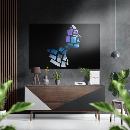 Blue Cubes Mosaic Face Profile Brushed Aluminium Dibond Wall Art