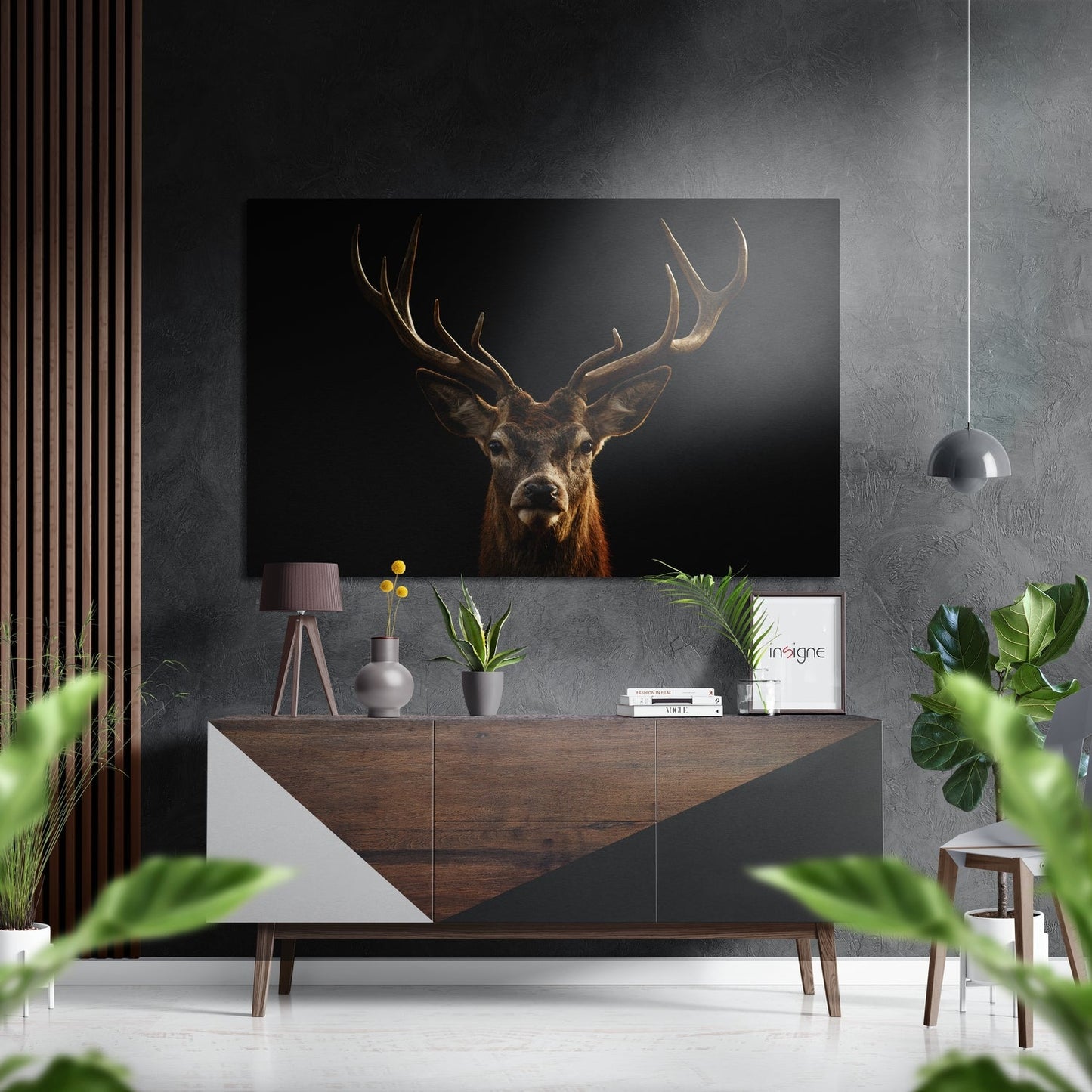 Deer Brushed Aluminium Dibond Wall Art mounted above wooden console table in modern living room setting with plants and decor.