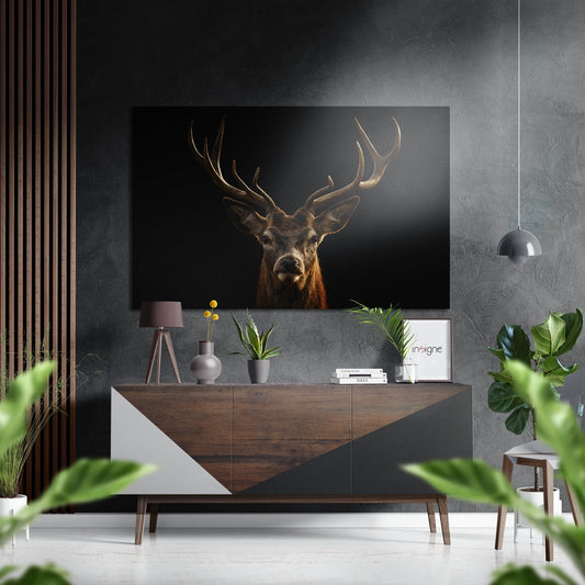 Deer Brushed Aluminium Dibond Wall Art mounted above wooden console table in modern living room setting with plants and decor.