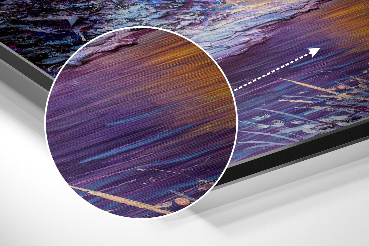 Angled product display of brushed aluminium wall art showing purple and blue river landscape with circular magnified detail and directional arrow.