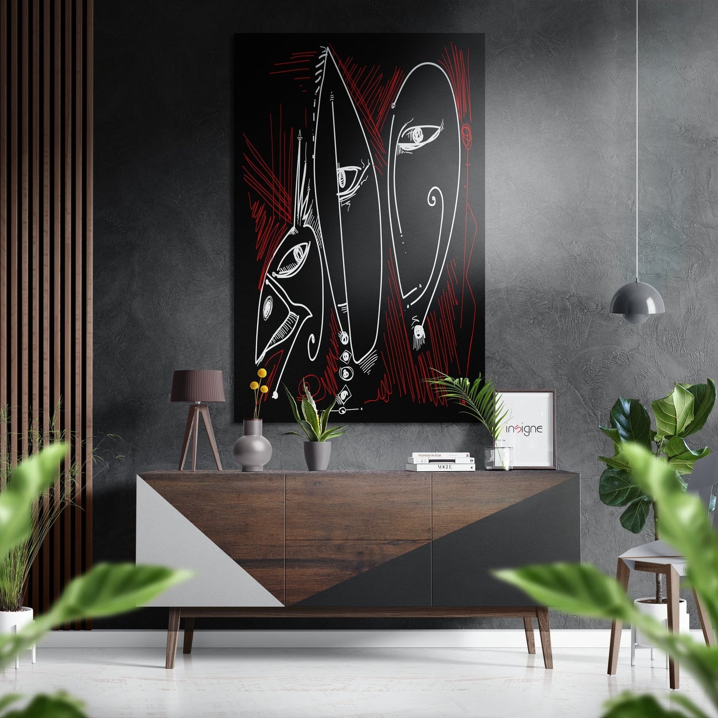 White Line Faces Red Scratches Brushed Aluminium Dibond Wall Art