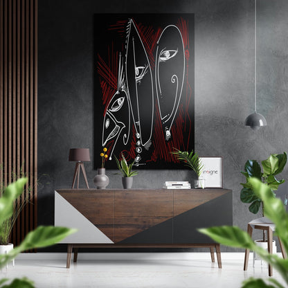 White Line Faces Red Scratches Brushed Aluminium Dibond Wall Art