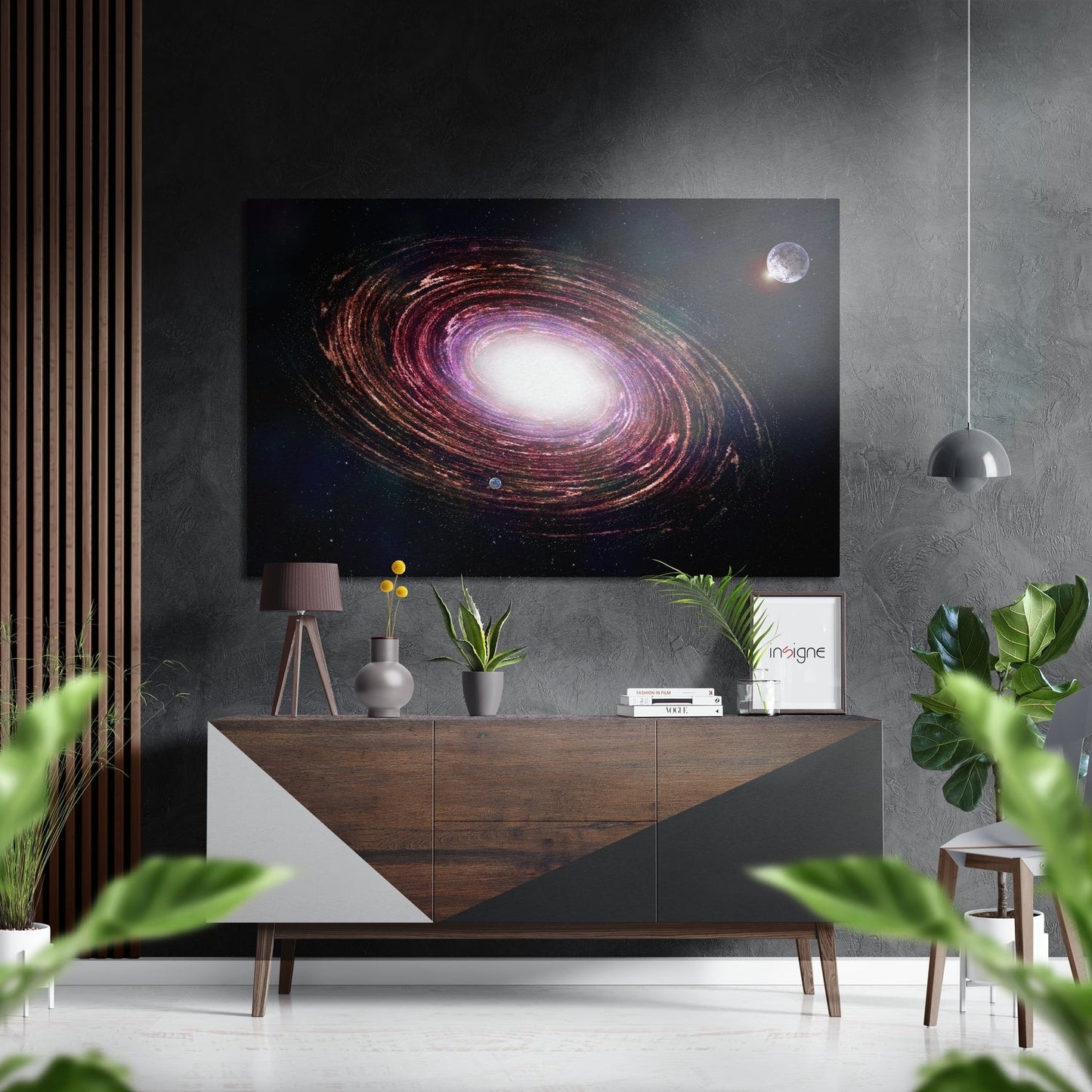 Spiral Galaxy and Distant Moon Brushed Aluminium Dibond Wall Art