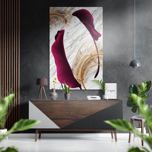 Modern interior displaying magenta abstract petals and gold feather wall art above wooden console table with plants and pendant light.