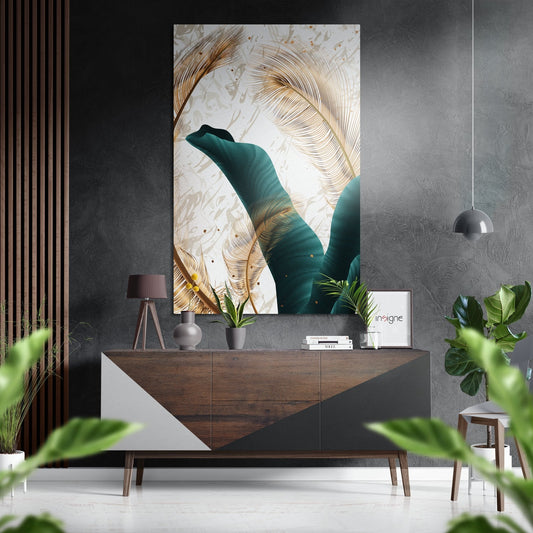 Modern interior featuring teal and gold botanical wall art displayed above a walnut sideboard with potted plants and pendant lighting.