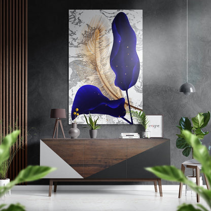 Navy Blue Petals Gold Quill Marble Brushed Aluminium Dibond Wall Art