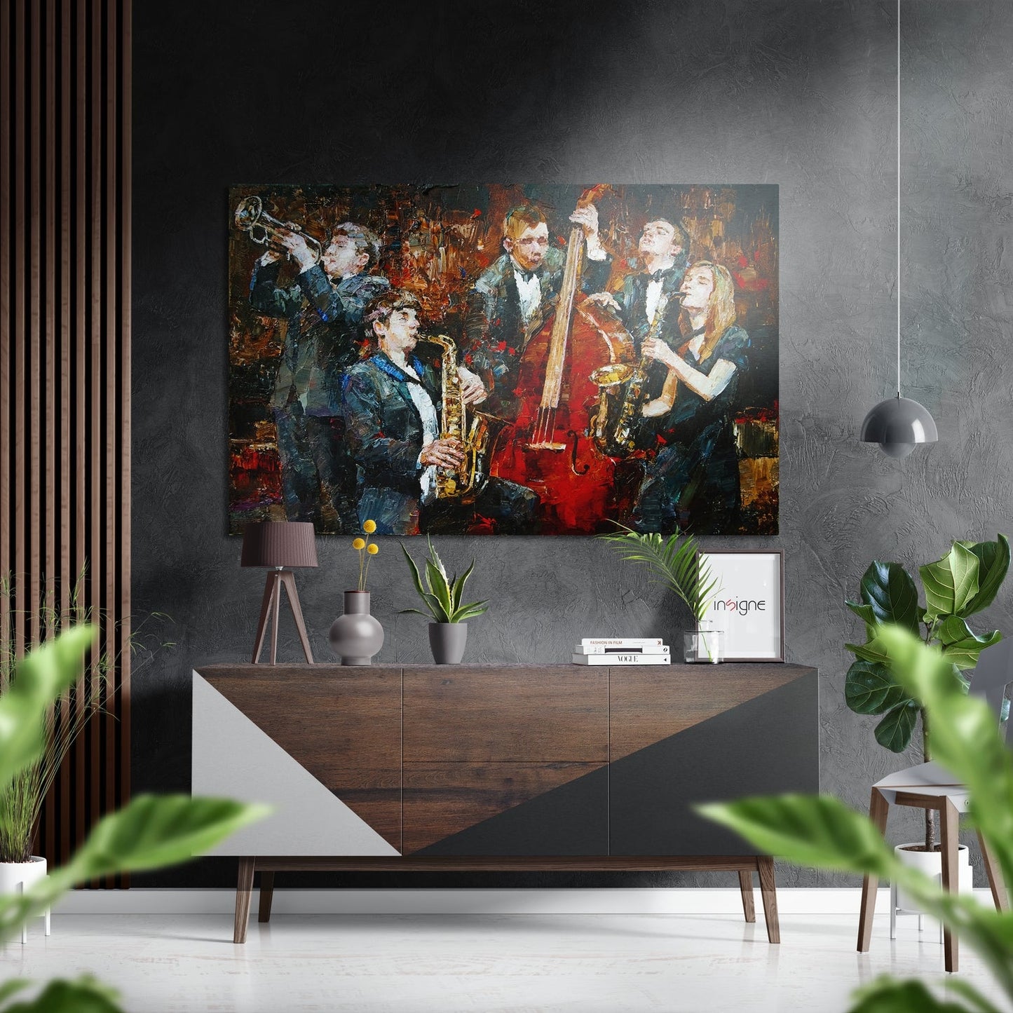 Modern living room with brushed aluminium wall art depicting jazz musicians in rich browns and reds above a wooden sideboard.